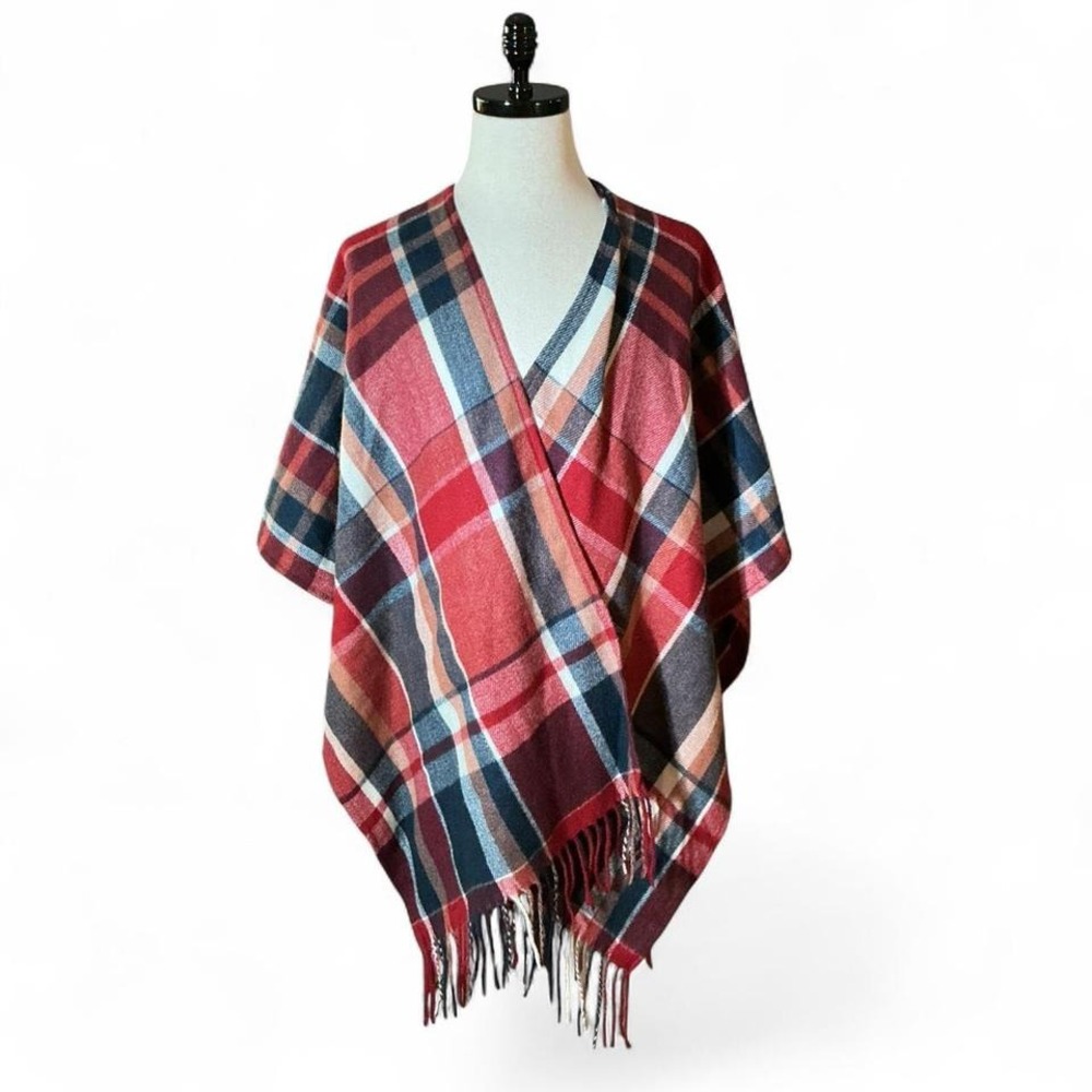 Woolrich Plaid Fringed Poncho Wrap Women One Size Red Navy Blue Tartan Shawl